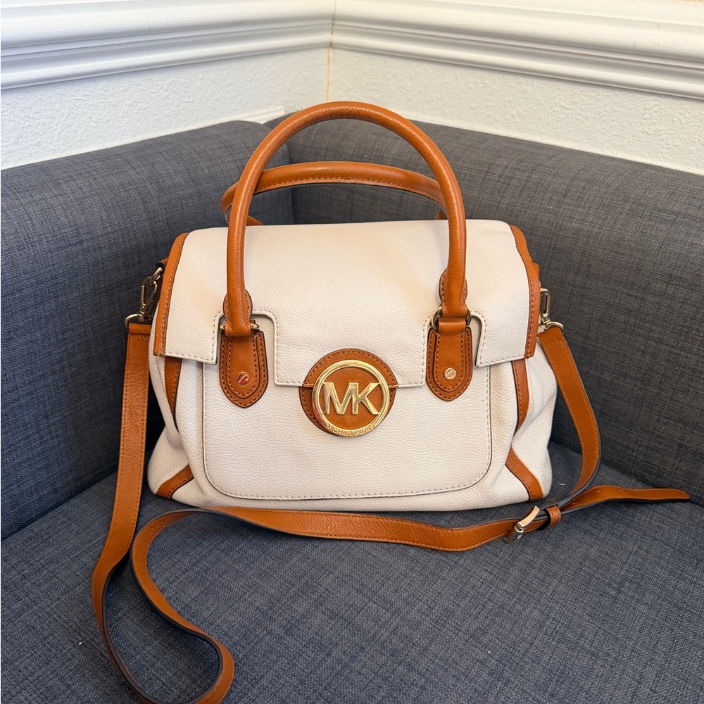 Michael Kors Cream and Tan Leather Satchel with Gold MK Logo